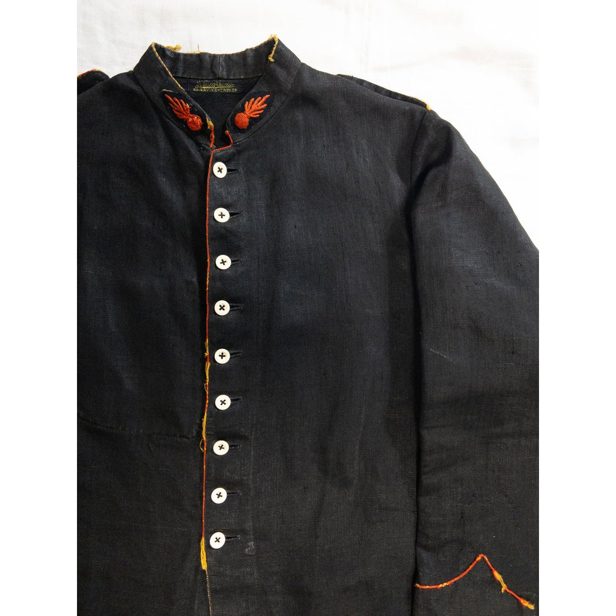 1900s Special "French Antique" Black Herringbone Linen Fireman Jacket, Big Size