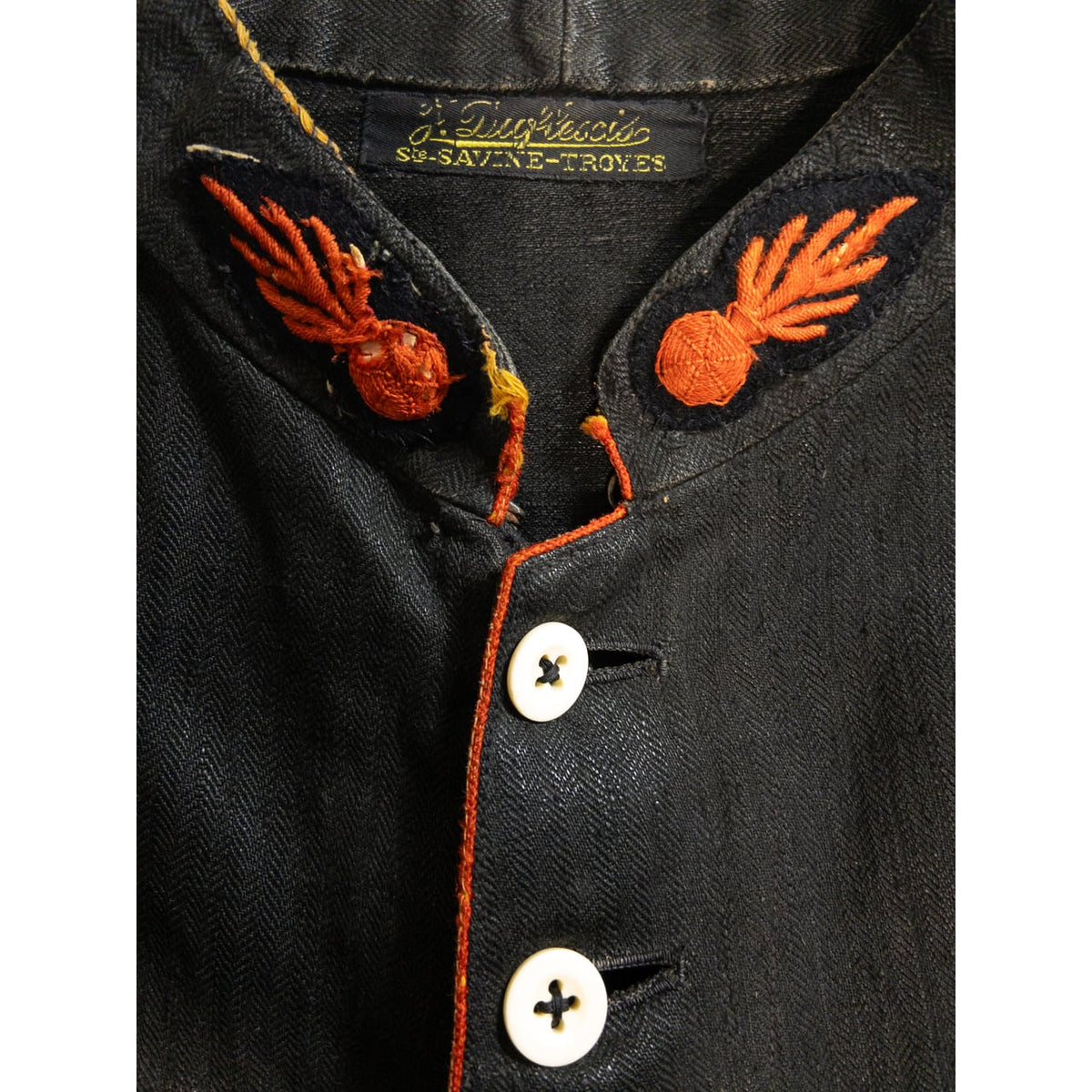 1900s Special "French Antique" Black Herringbone Linen Fireman Jacket, Big Size