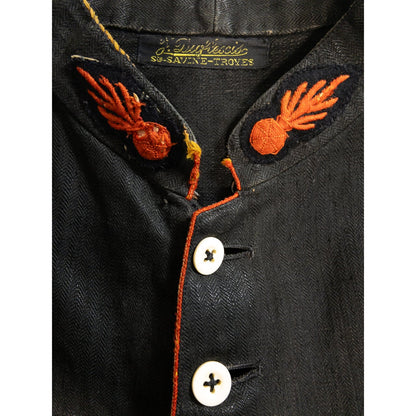 1900s Special "French Antique" Black Herringbone Linen Fireman Jacket, Big Size