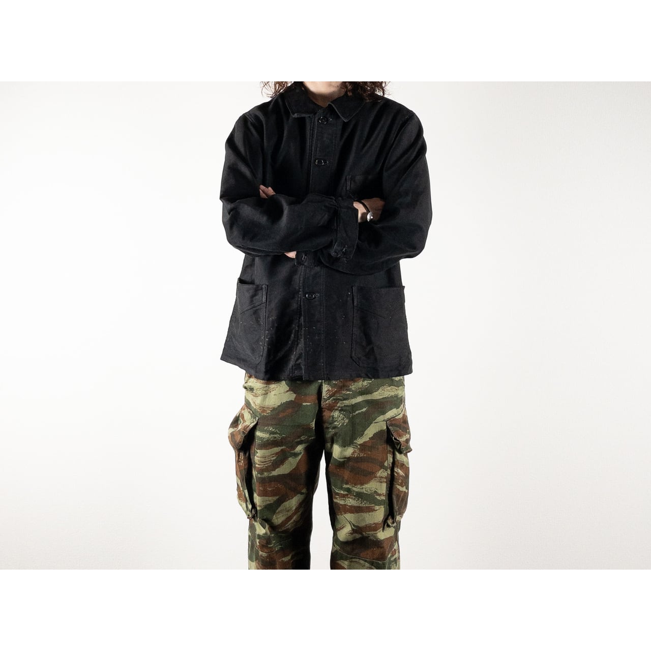 1940s "COMBET" French Black Moleskin Work Jacket with V Pockets
