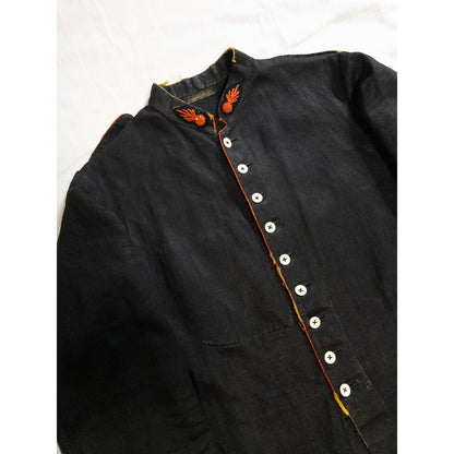 1900s Special "French Antique" Black Herringbone Linen Fireman Jacket, Big Size
