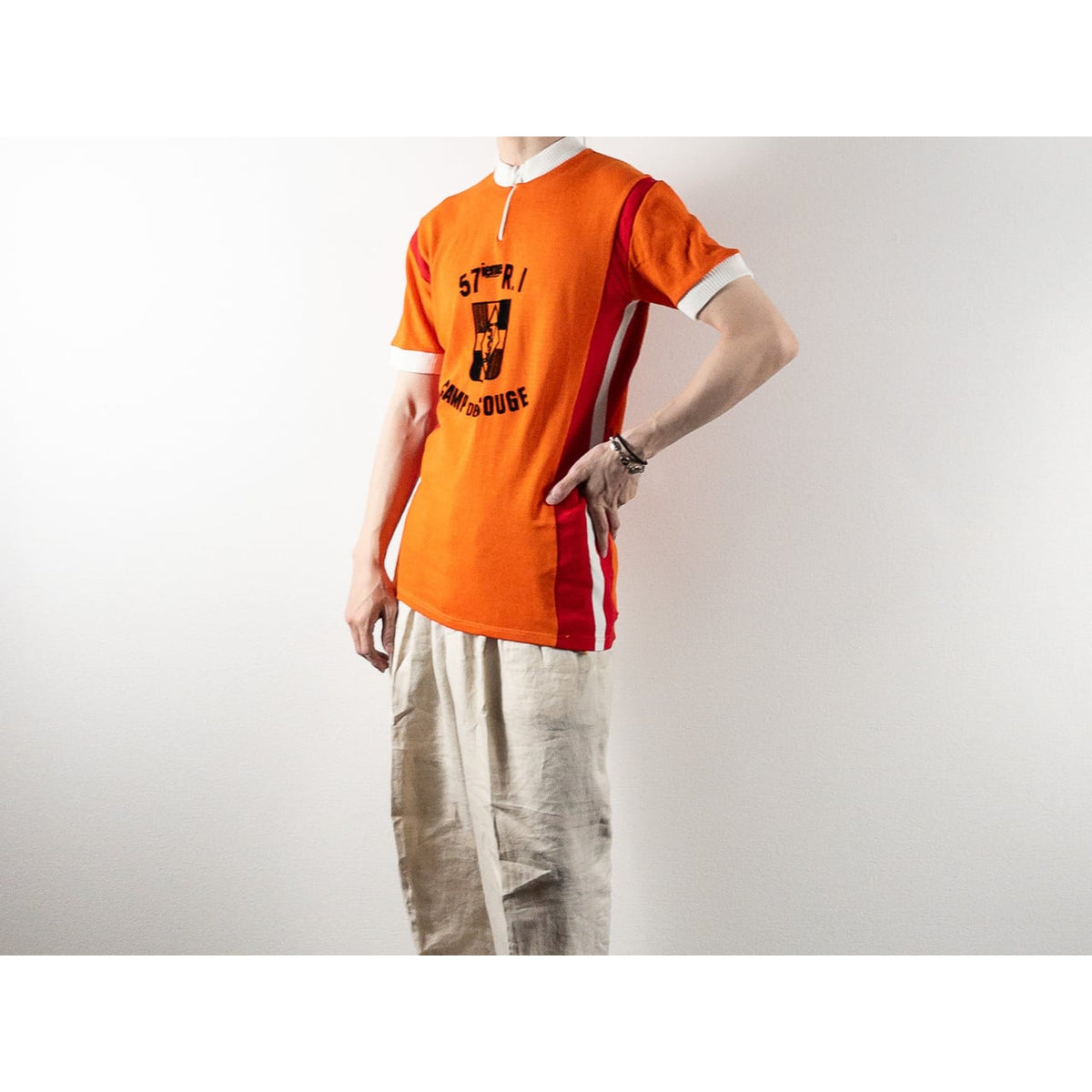 1960-70s "57eme R.I.Camp de Souge" Orenge Cotton Knit Half Zip-Up Sport Tee Shirt