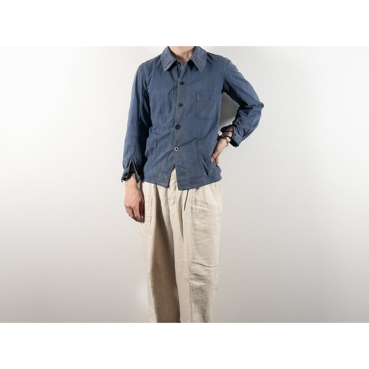 1930-40s "EXCELSIOR" French Faded Blue Cotton Twill Work Jacket with Papier-Mache Bottons
