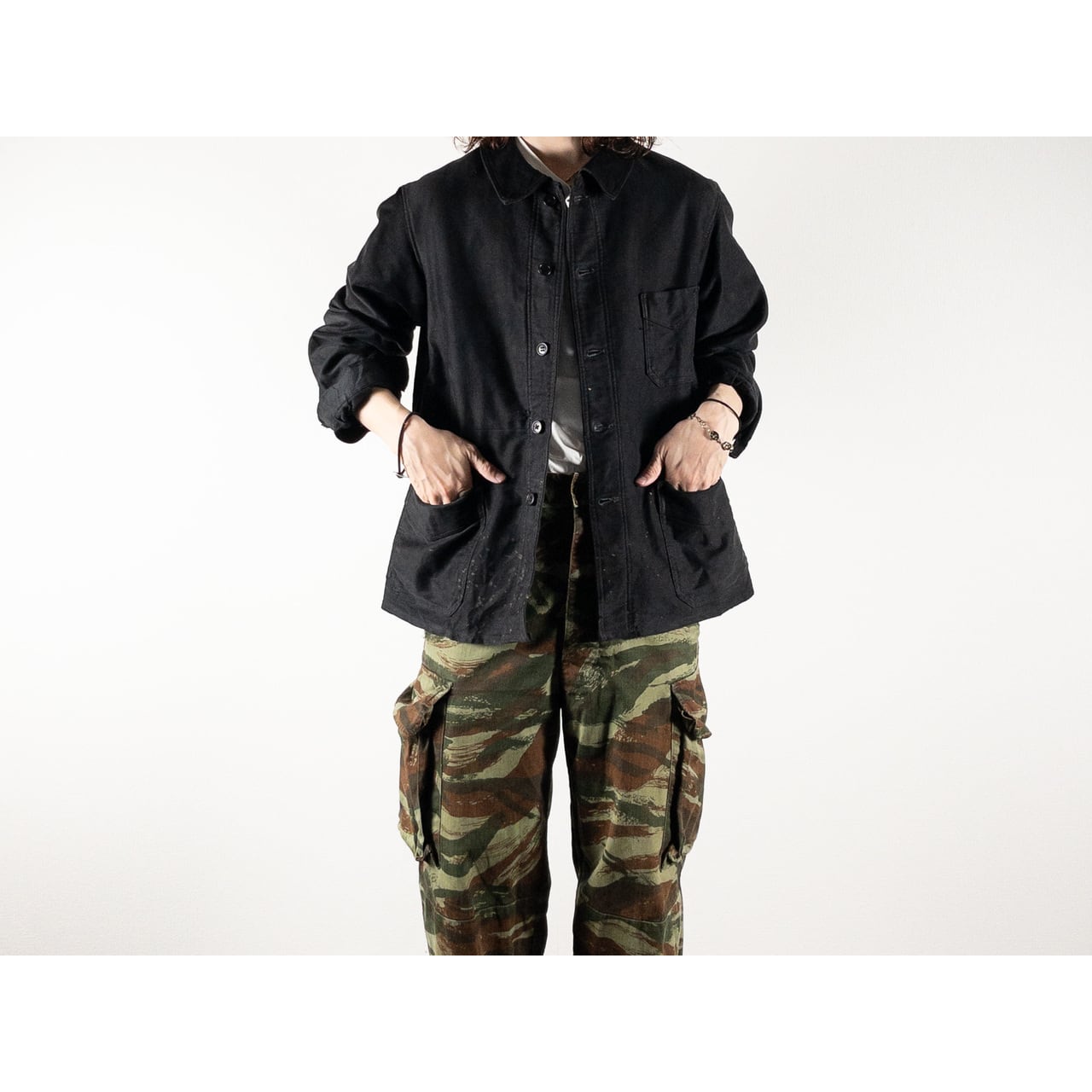 1940s "COMBET" French Black Moleskin Work Jacket with V Pockets