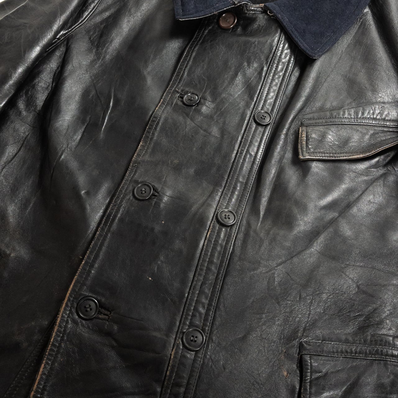1940s "Le Corbusier" French Black Leather Double Breasted Jacket with Wool Collar