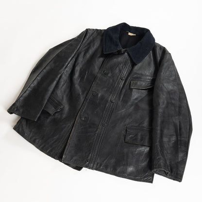 1940s "Le Corbusier" French Black Leather Double Breasted Jacket with Wool Collar