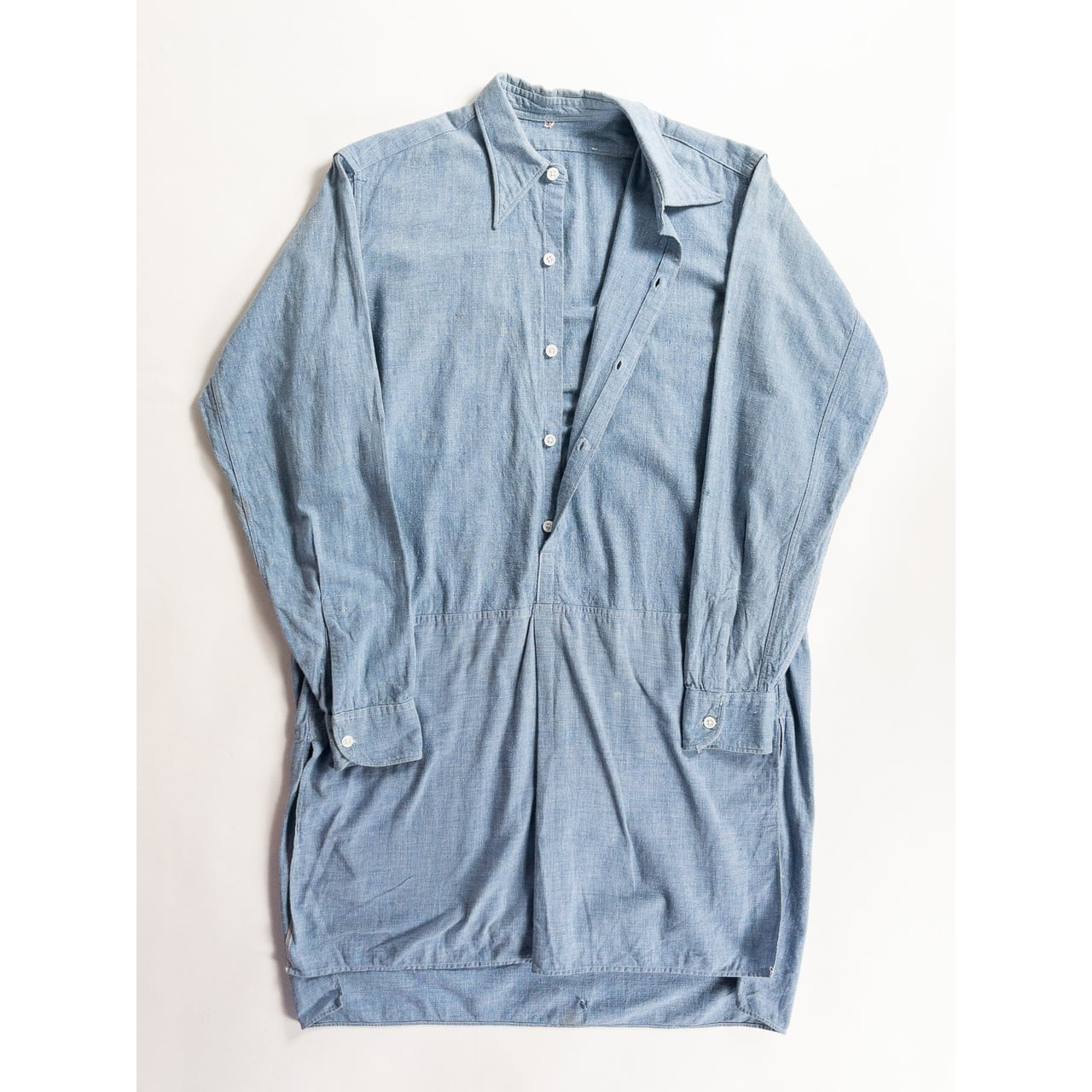 1930s-40s "French Vintage" Cotton Blue Chambray Grandpa Work Shirt