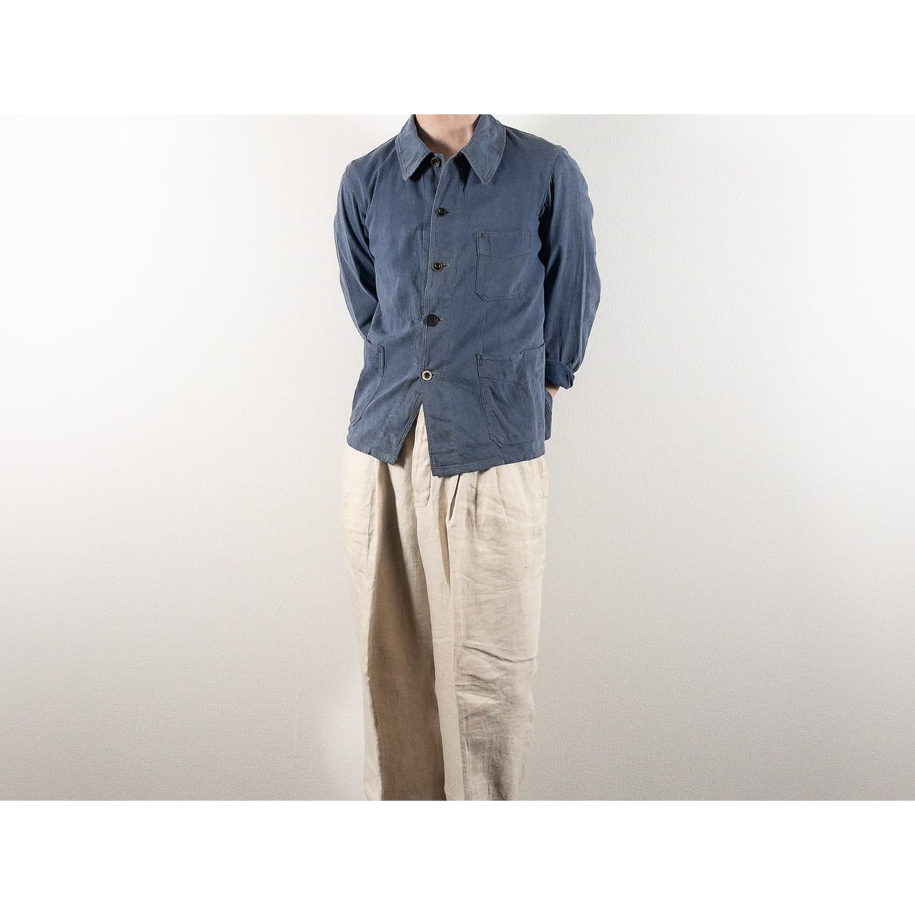 1930-40s "EXCELSIOR" French Faded Blue Cotton Twill Work Jacket with Papier-Mache Bottons