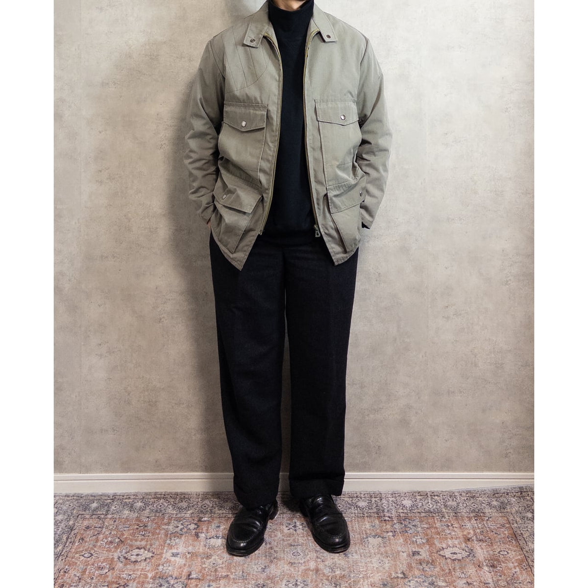 1970s "French Vintage" Khaki Cotton 4Pockets Full Zip Hunting Jacket