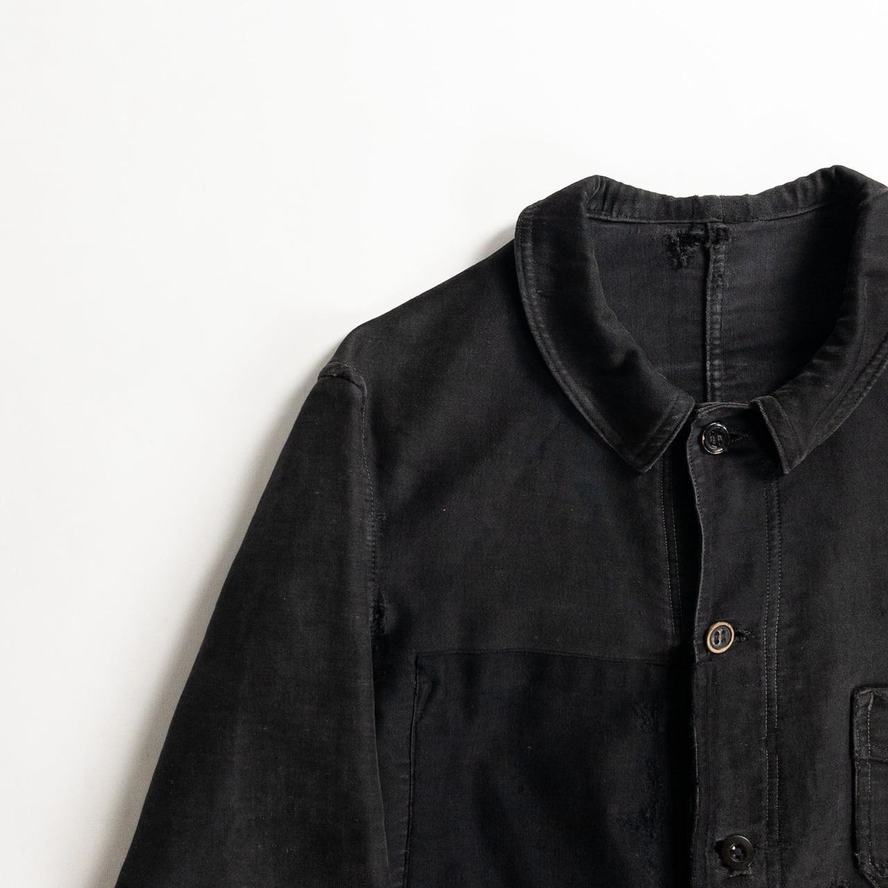 1930s "Le Mont Rouge" Faded Patchwork Black Moleskin Work Jacket with V Pockets