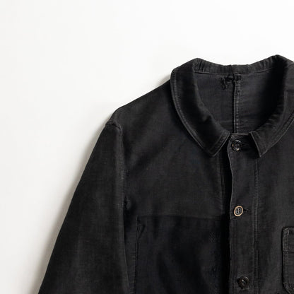 1930s "Le Mont Rouge" Faded Patchwork Black Moleskin Work Jacket with V Pockets