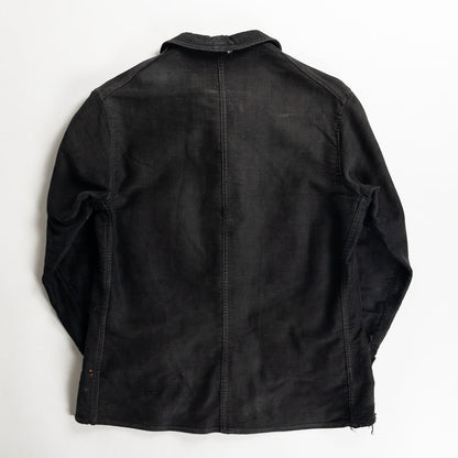 1930s "Le Mont Rouge" Faded Patchwork Black Moleskin Work Jacket with V Pockets
